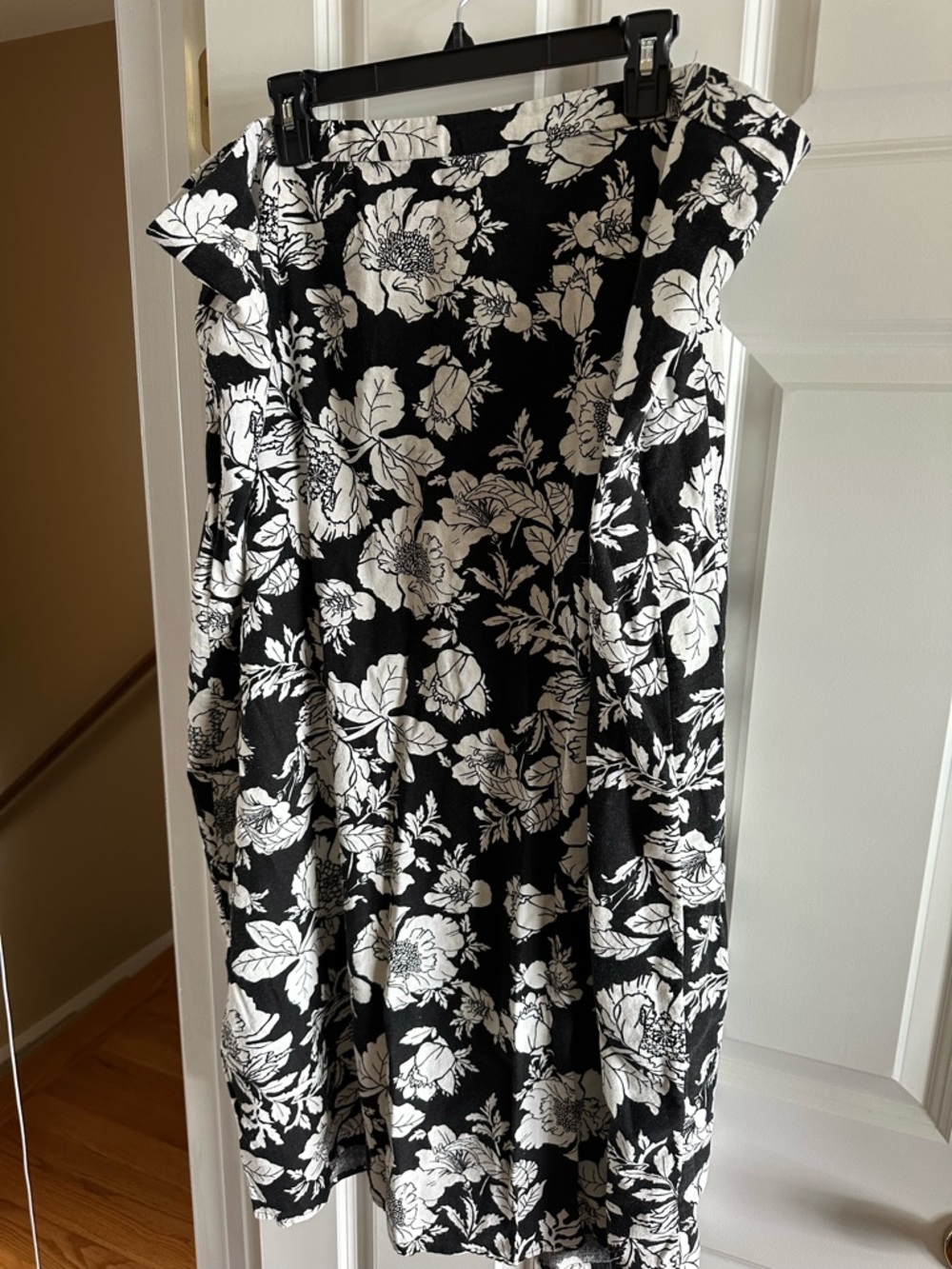 Linen Black & White Floral Midi Skirt